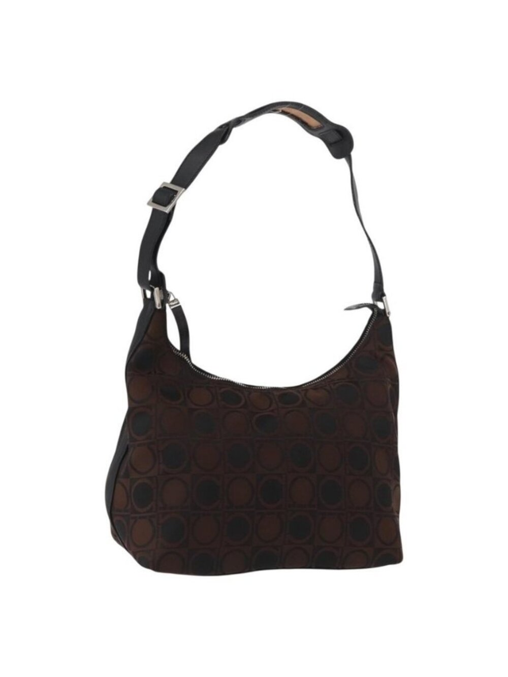 Authentic Salvatore Ferragamo Gancini Shoulder Bag Nylon Brown Silver